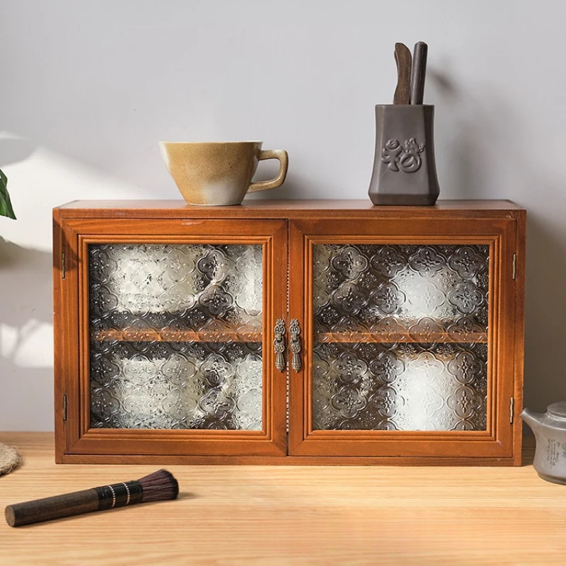 Wooden Tea Storage Cabinet with Lid Desktop Organizer