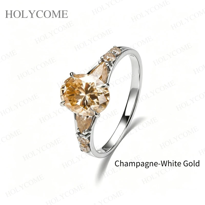 925 Sterling Silber 18K Vergoldeter Ring Moissanit Oval/Perlenförmig/Rund Geschliffen D-Farbe/Champagner VVS1 Jubiläumsgeschenk Feiner Schmuck für Sie – Detail 4