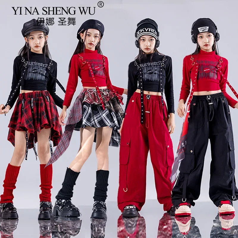 طفل الهيب هوب ملابس رقص الجاز أحمر أسود المحاصيل الأعلى والسراويل البضائع 2 في 1 تنورة مجموعة الفتيات K-pop الشارع الشهير أداء الزي #2