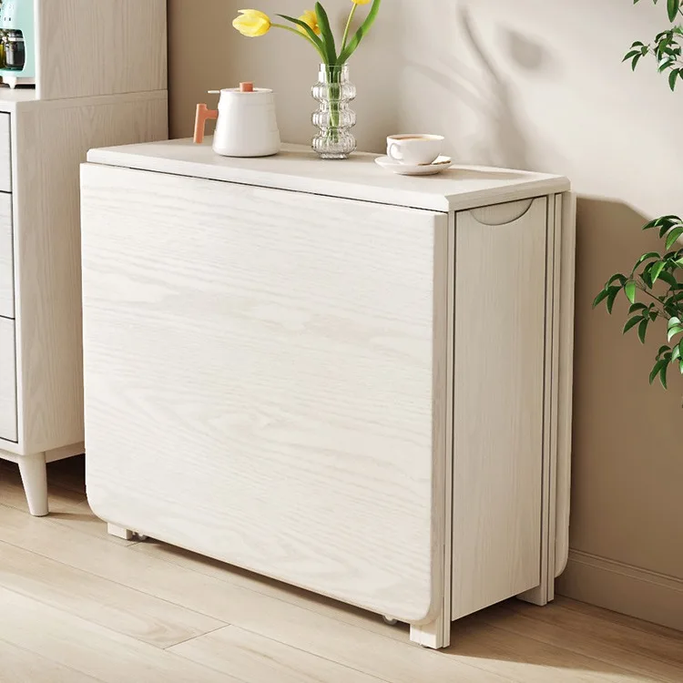 Solid wood folding dining table side cabinet removable wind fully retractable dining table French integrated cream small