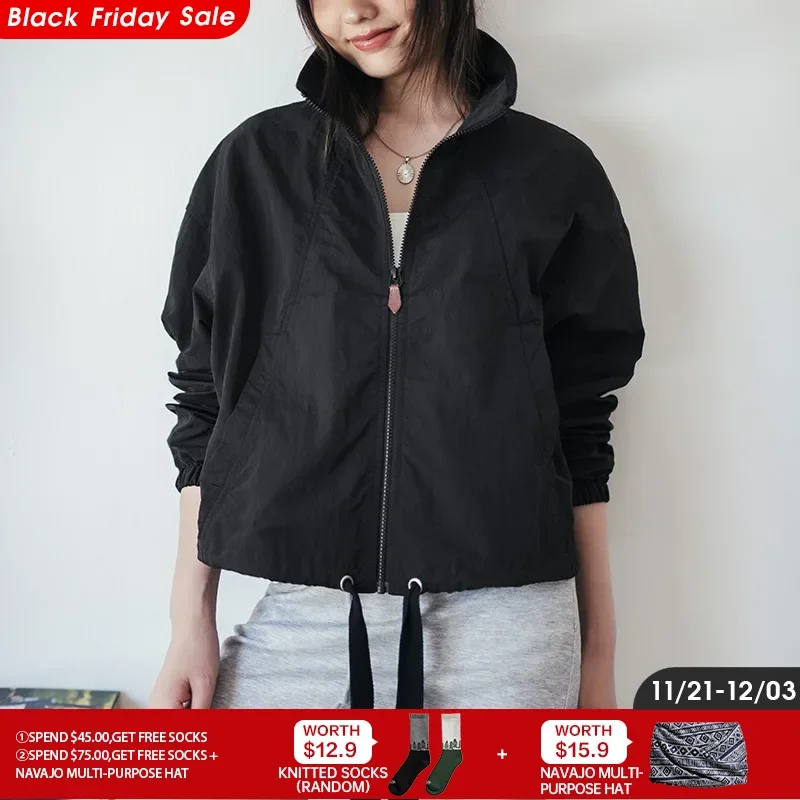 Maden Casual Drawstring Black Jacket Turn-down Collar Zipper Front Loose Fit long-sleeved Outerwear for Women's Spring and Fall