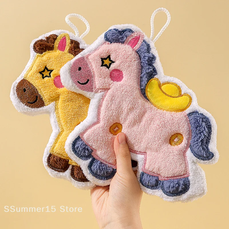 

【R】Creative Cartoon Cute New Year Pony Hand Towel Coral Fleece Home Kitchen Bathroom Towel Thickened Hanging Absorbent Towels