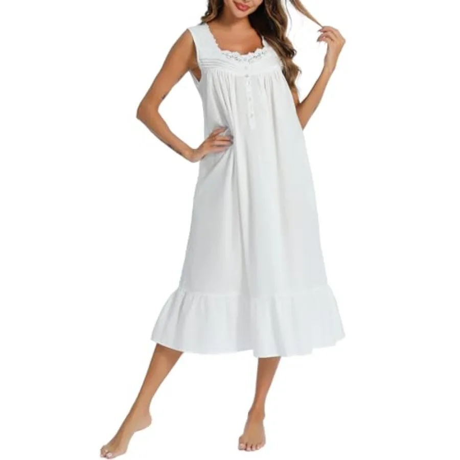 

AVIIER 100% Cotton Nightgowns for Women Sleeveless Sleep Dress Ladies Gowns Sleepwear with Pockets