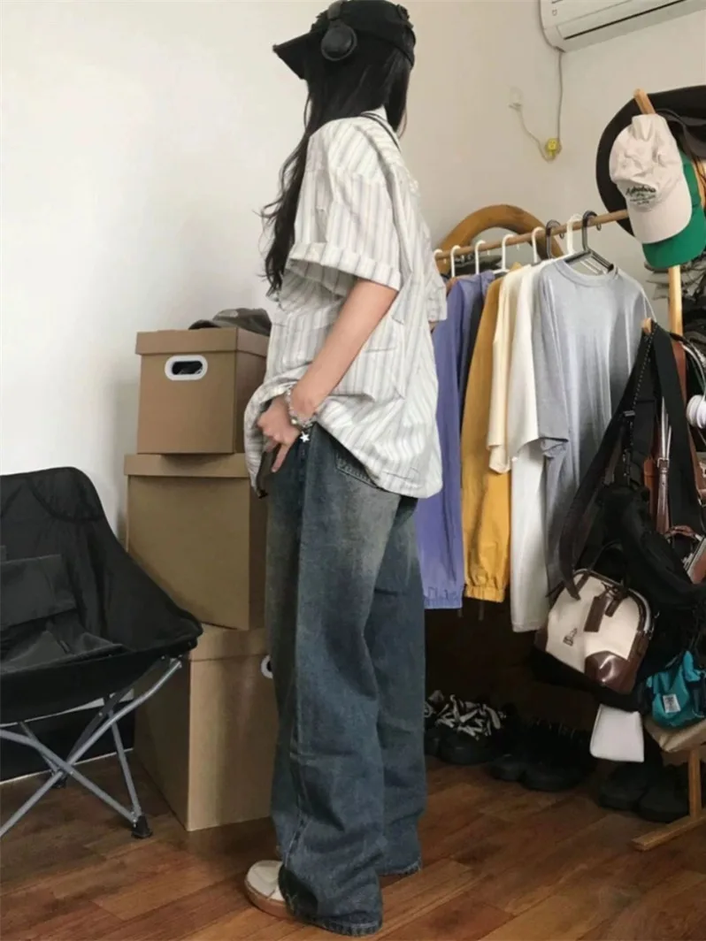 Retro Japanese Blue Striped ort Sve irt Polyester Fiber 00% Women's Faion Casual Busin Sle irt