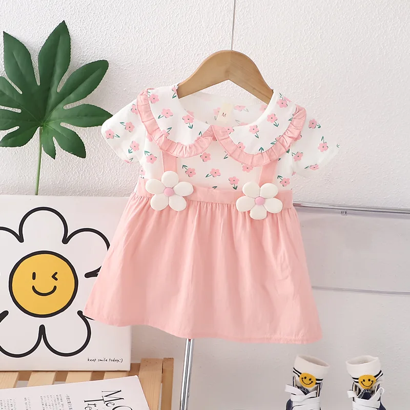 (0-3 Years Old) Summer Baby Girl Cotton Flower Fake Two-Piece Shoulder Strap Dress Girl Cute Short Sleeved Dress