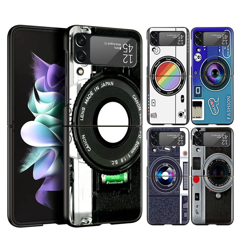 Fashion Classic Camera Lens For Samsung Galaxy Z Flip 4 5 Bag Black Phone Cover For Galaxy Z Flip 3 Case Hard PC Folding Shell