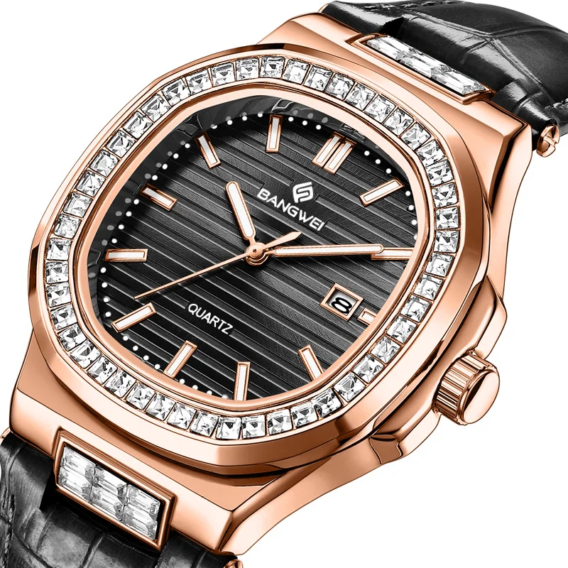 

Мужские часы BANGWEI Creative Ciamond с циферблатом, деловые часы с ремешком, кварцевые мужские наручные часы с автоматической датой, светящиеся мужские часы + коробка