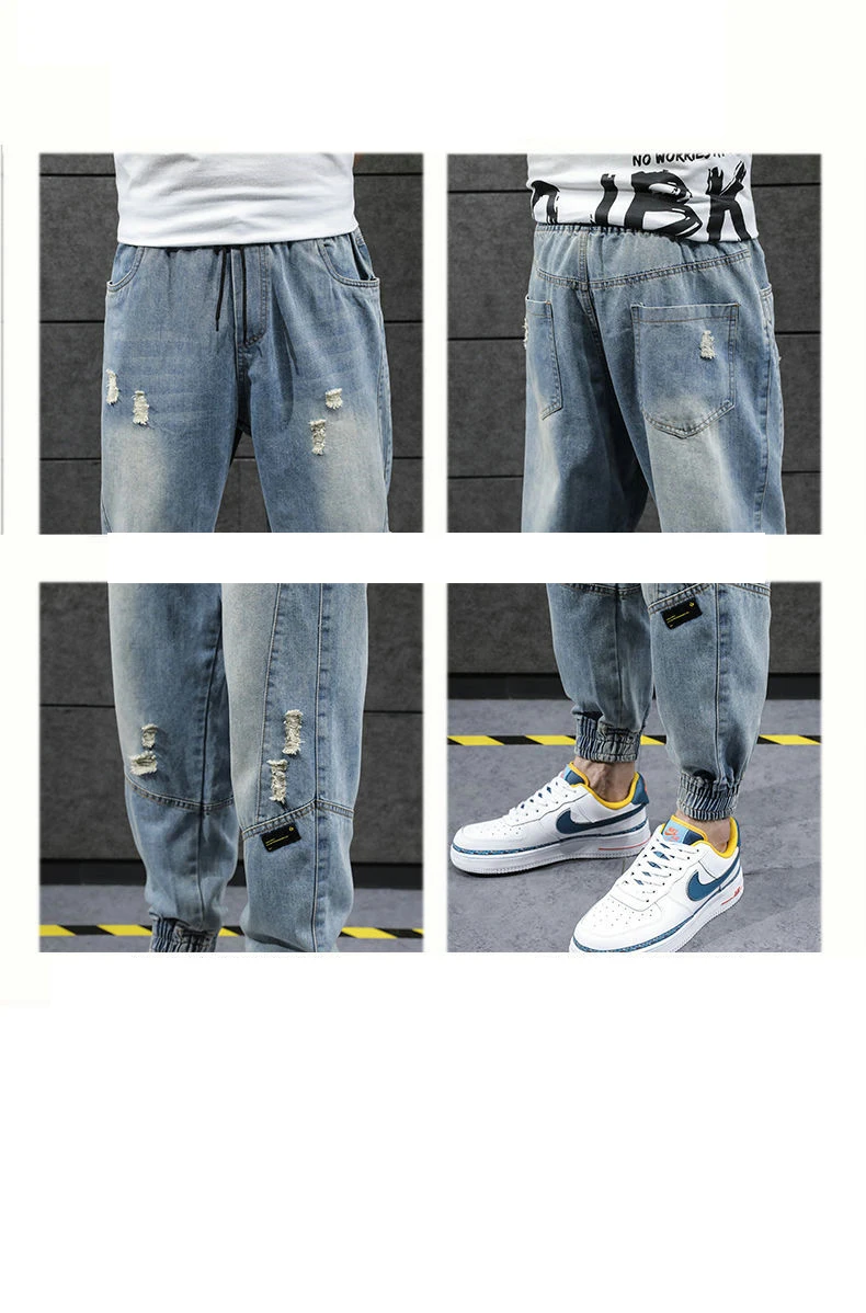 2024 New Hip Hop Harem Jeans Pants Men Loose Joggers Denim Casual Sweatpants Korea Ankle Length Trousers Streetwear Male Clothes