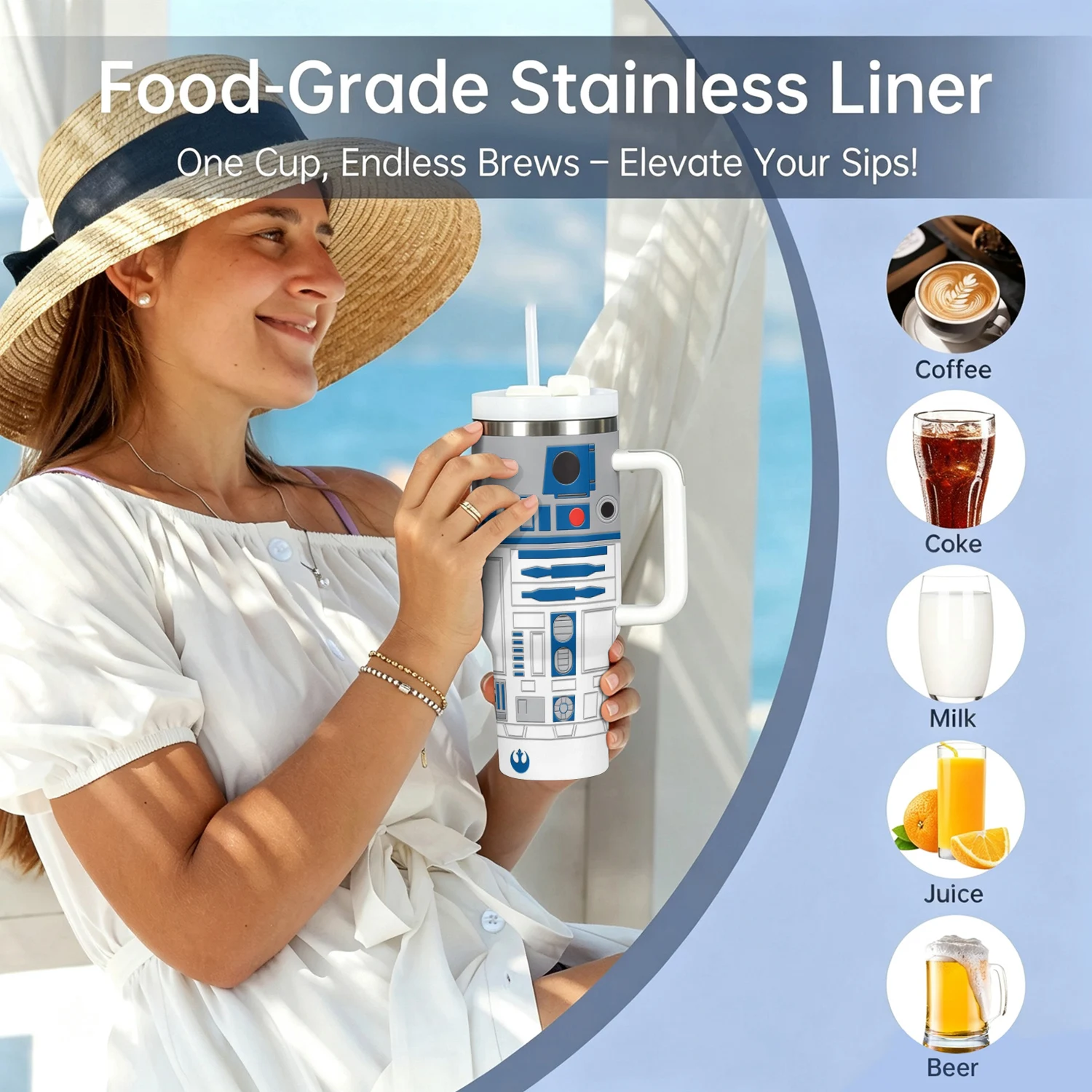 40oz R2-D2 Robot Print Vacuum Flask Stainless Steel Insulated Water Bottle with Handle and Straw for Hot Cold Drink Tumbler Gift