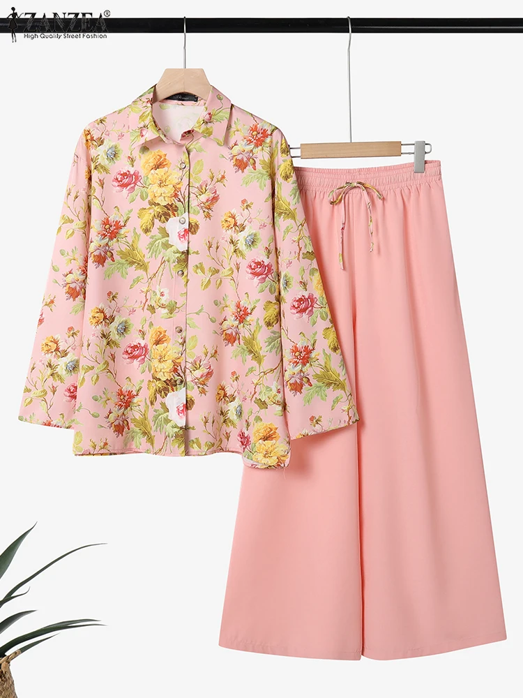 ZANZEA 2025 النساء الدعاوى خمر أنيقة مكتب سيدة مجموعات الرجعية طويلة الأكمام قمصان مطبوعة بنطلون سراويل تقليدية مطابقة مجموعات