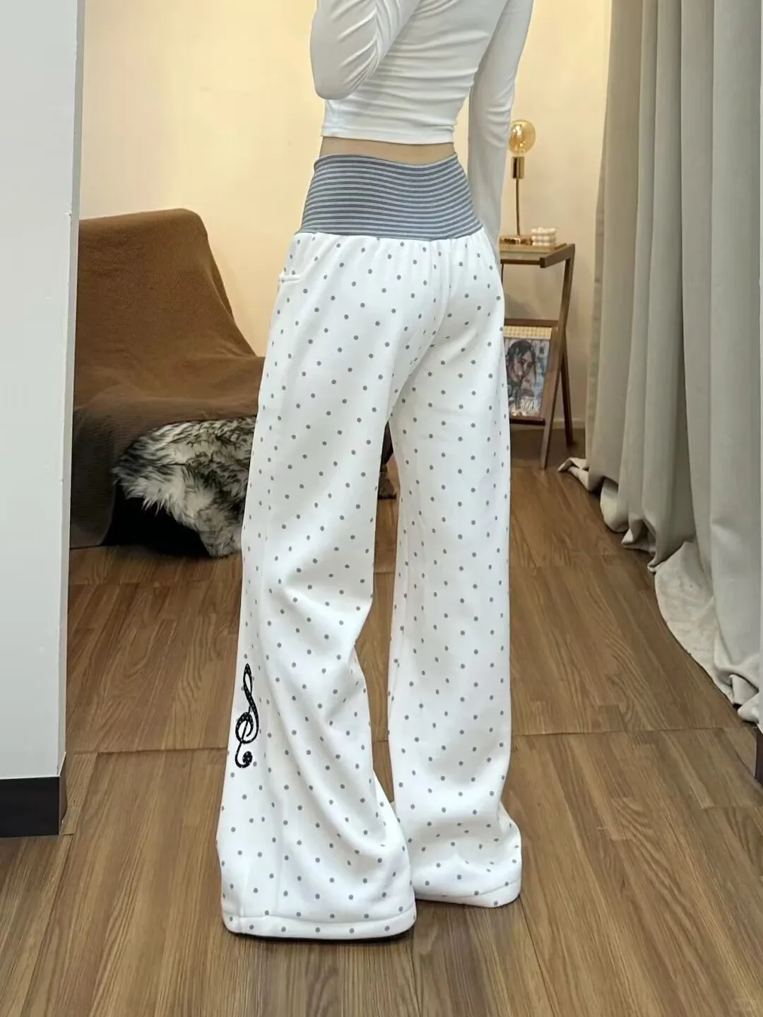 Harajuku Lolita White Polka Dot Slim Trousers Women Hot Girl Striped Thin Straight Leg Y2k Pants Japanese Patchwork Mopping Pant