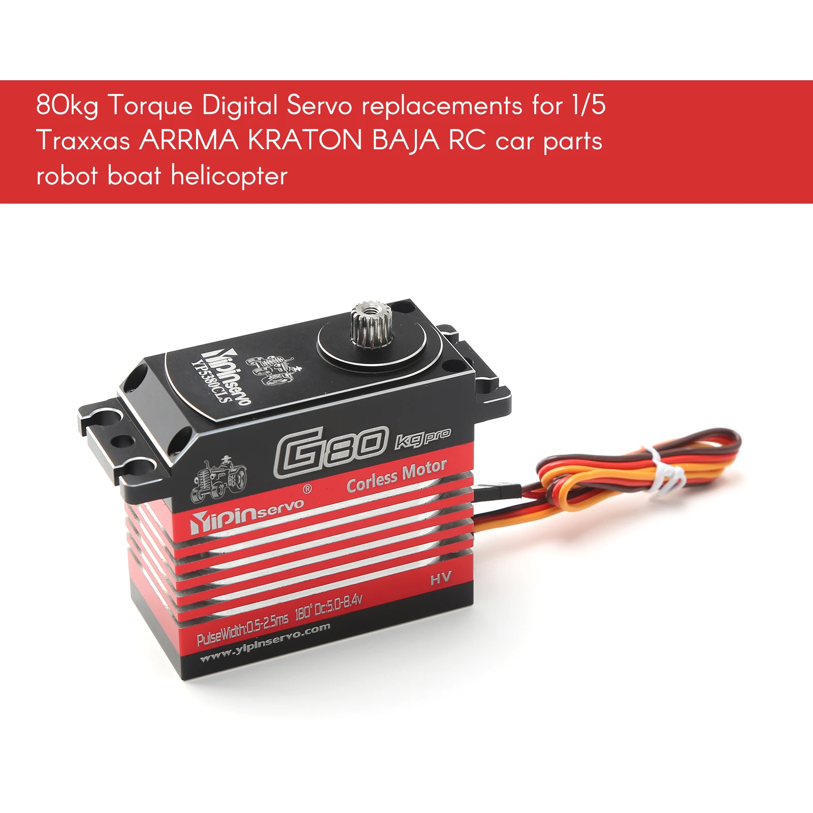 YIPINServo Digital Servo 80 kg Metallgetriebe Hohes Drehmoment Wasserdichter Ersatz für 1/5 1/6 Traxxas ARRMA KRATON BAJA RC Autoteile