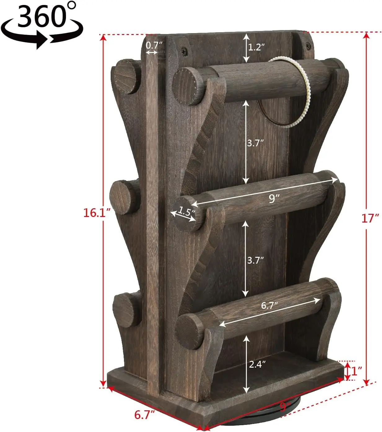 Two-Sided Rotating Wooden Jewelry Stand, 6 Removable Holders, 3-Tier Bangle Organizer, Dark Brown