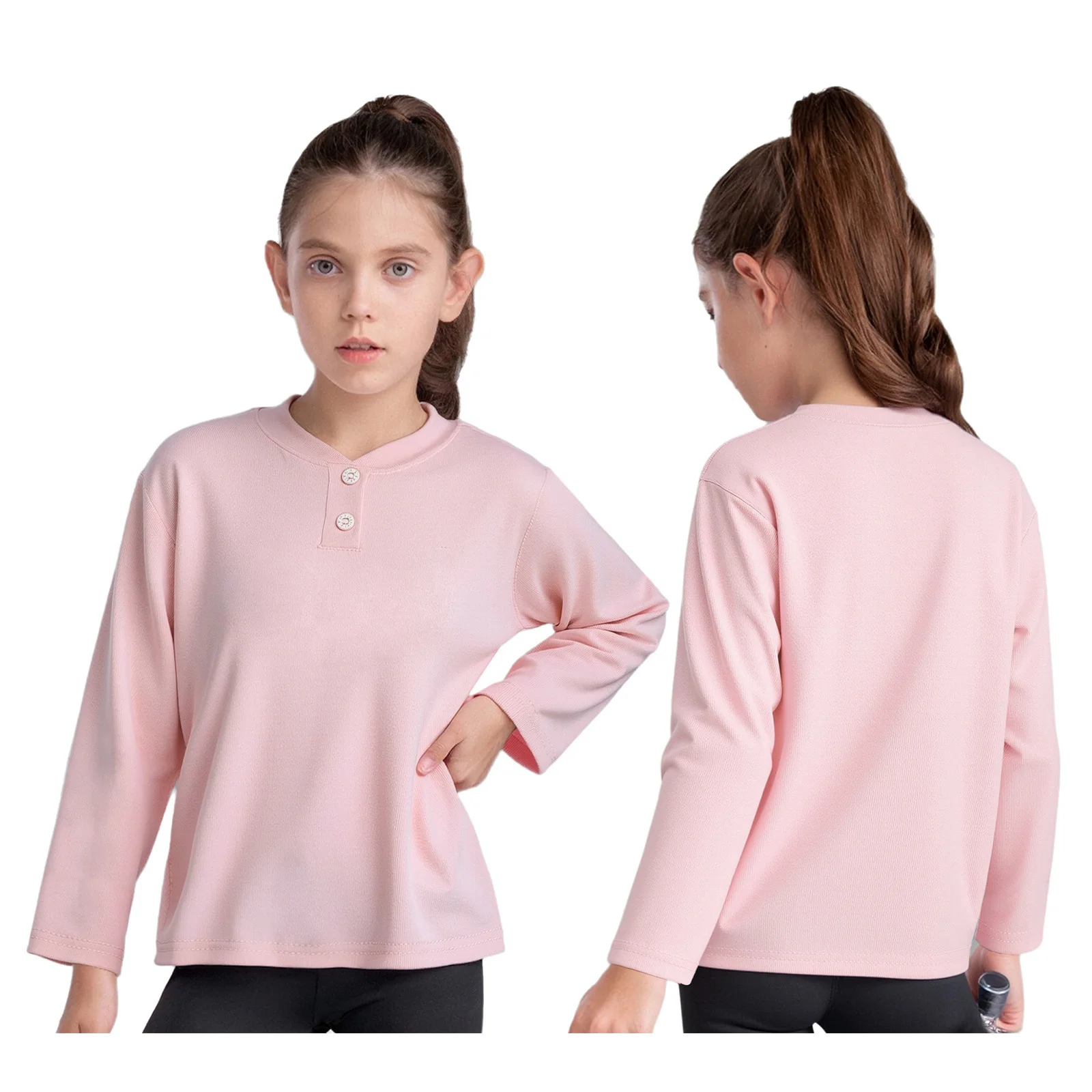 Kids Boys Girls Long Sleeves Button-Up Collar Solid Color T-shirt Lightweight Undershirt Homewear Loungewear for School Holiday