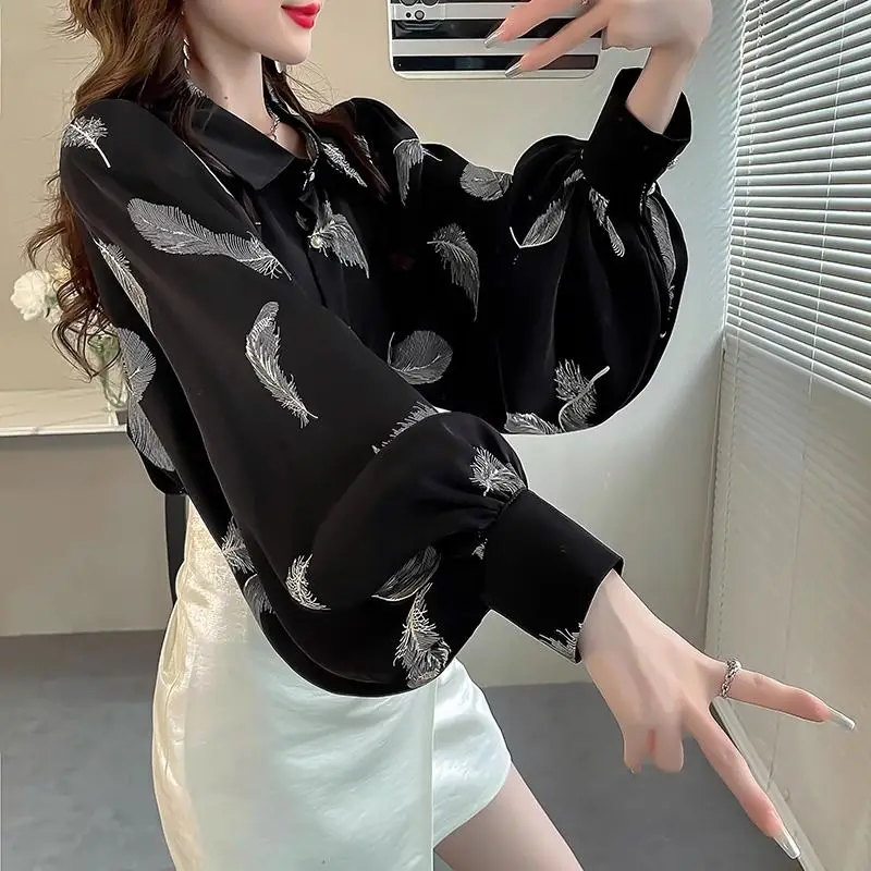 Fashionable Spring Autumn New Blouses Simplicity Commute Polo Collar Feather Printed Button Loose Lantern Sleeve Women\'s Shirts