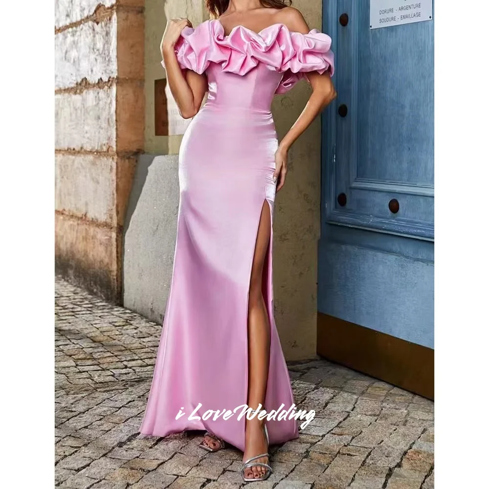 

Pink Strapless Evening Dresses 2025 Off Shoulder Mermaid Pleat Side Split Floor-Length Prom Dress Wedding Party Dress Customized