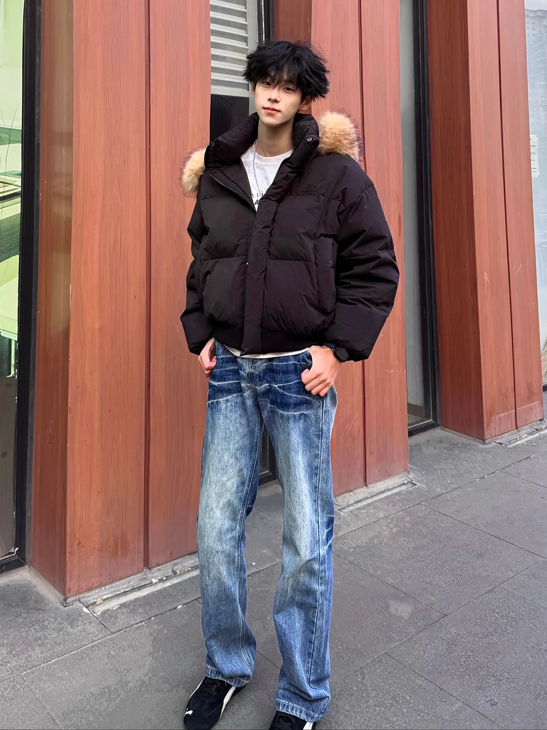 

Cleanfit Thunder Patterned Men's Winter Fleece Lined Bell Bottom Straight Leg Jeans mid Waist Zipper Closure Casual Wear