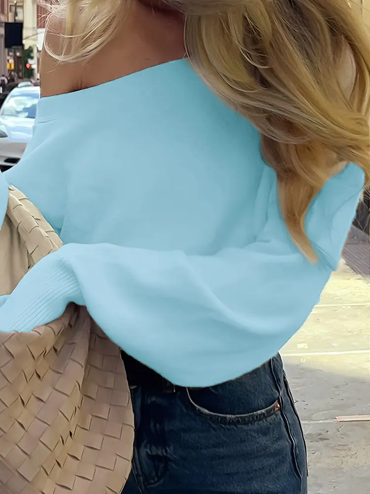 

Autumn Winter New Solid Off-Shoulder Sweater Slash Neck Long Sleeve Knitted Pullovers Fashionable Commuting Versatile Short Top