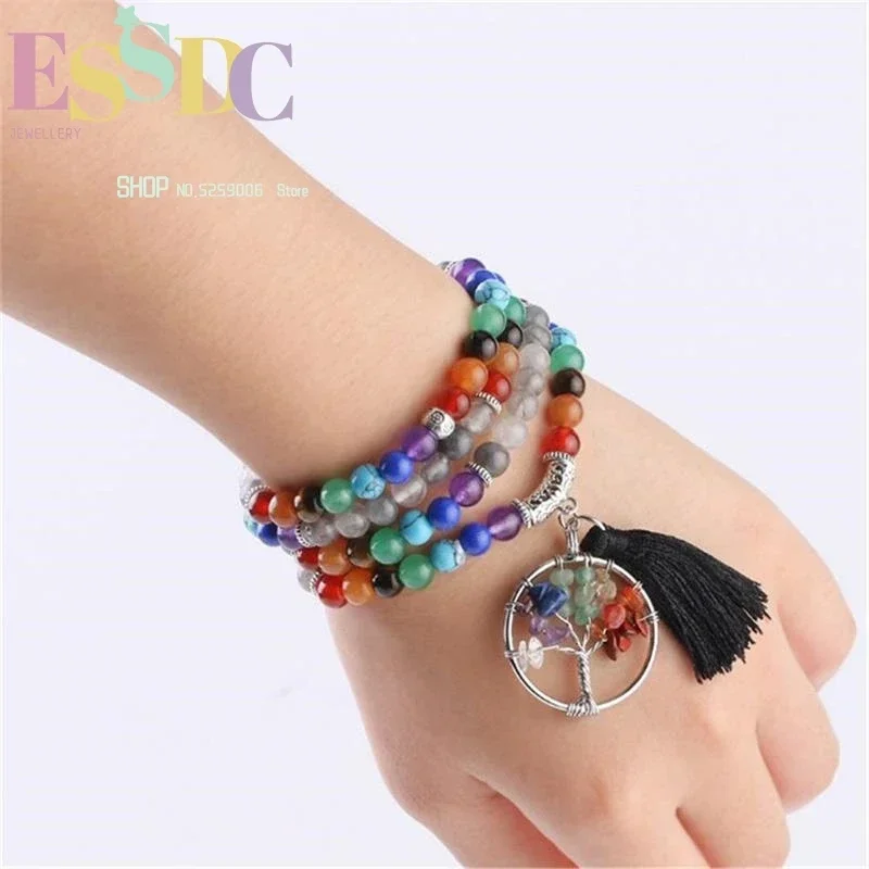 7 Chakras 6mm Natural Crystal Multi-layer Elastic Wrapping 108  Yoga Tree of Life Pendant Long Bracelet for Women Men
