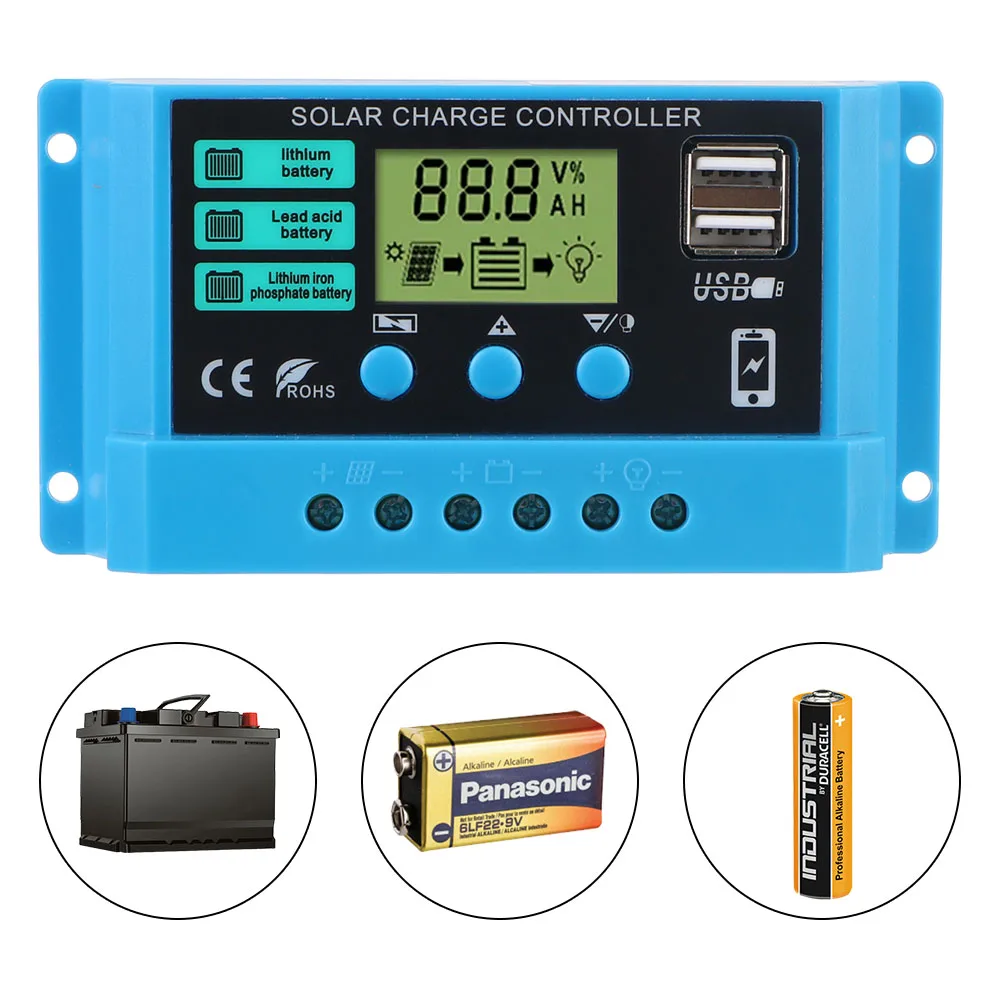 Dual USB 5V Output LCD Display Solar Controller Solar Regulator 12V/24V PWM Battery Charger Auto 30A 20A 10A