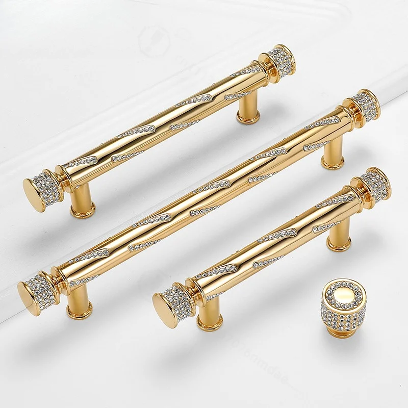Luxury Golden Long Cabinet Door Handle, Inlaid Diamond Drawer Pulls, Nordic Style Wardrobe Shoe Cabinet Furniture Knobs