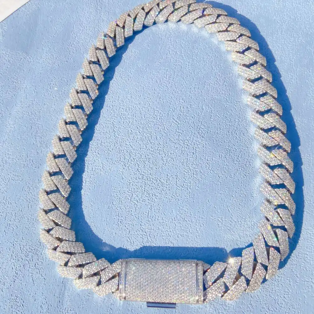 Luxury Hand Setting 18mm Width Three Rows Iced Vvs Moissanite Silver 925 Men Diamond Link Necklace Cuban Chain.