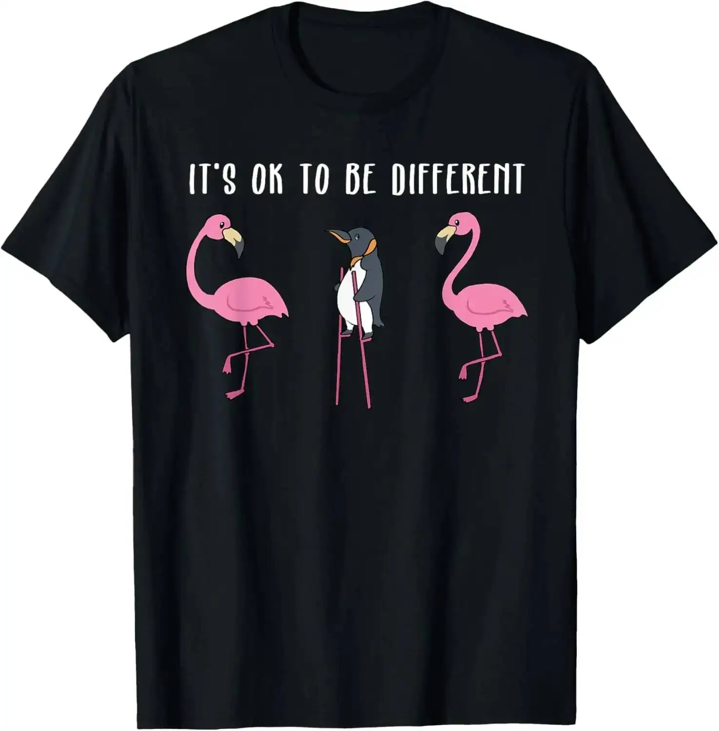 

Its Ok To Be Different Flamingo Penguin T-Shirt Custom Printed Graphic T Shirts Kawayi Funny Shirt Print On Demand Ropa Hombre