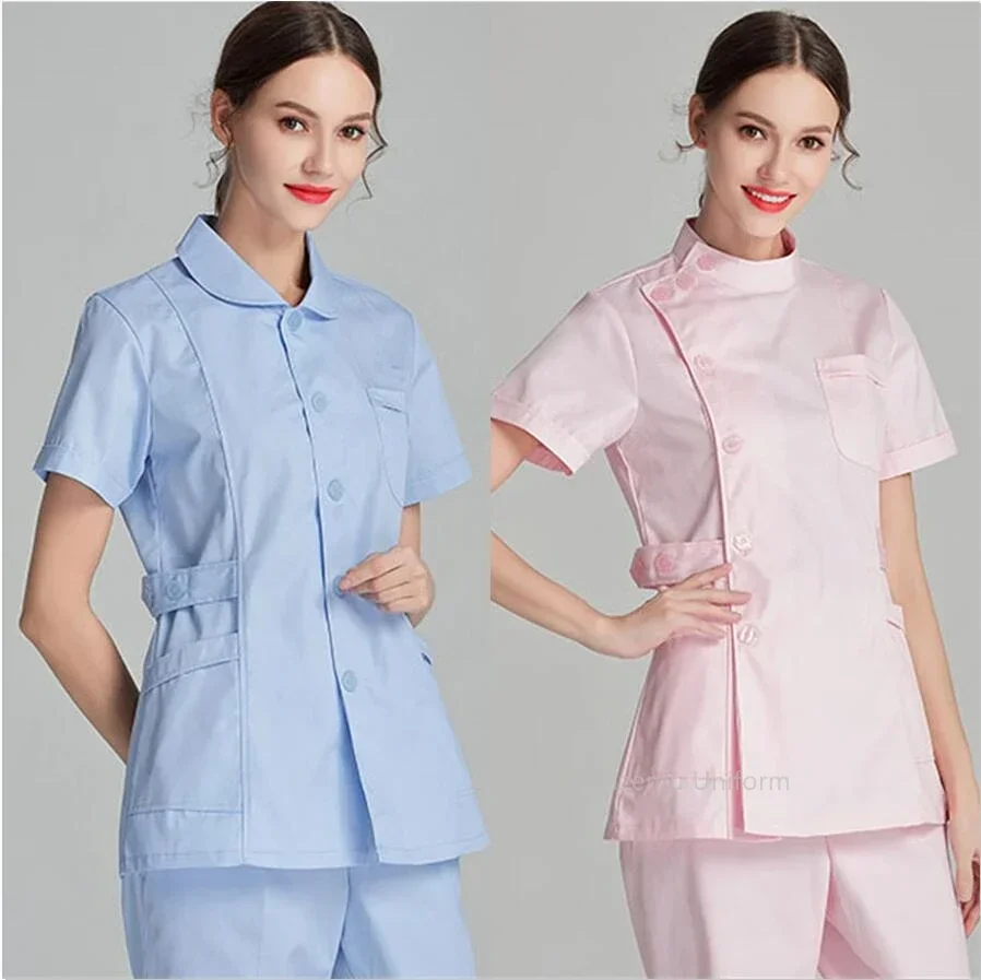 Pink Nurse Uniform Short Scrubs Top Lab Coat Doctor Women Medical clinic Clothing white Beauty Salon work clothes accessories