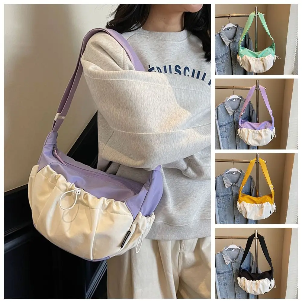 

Contrast Color Nylon Crossbody Bag Drawstring Underarm Dumplings Shoulder Bag Portable Solid Color Fashion Handbag Gift