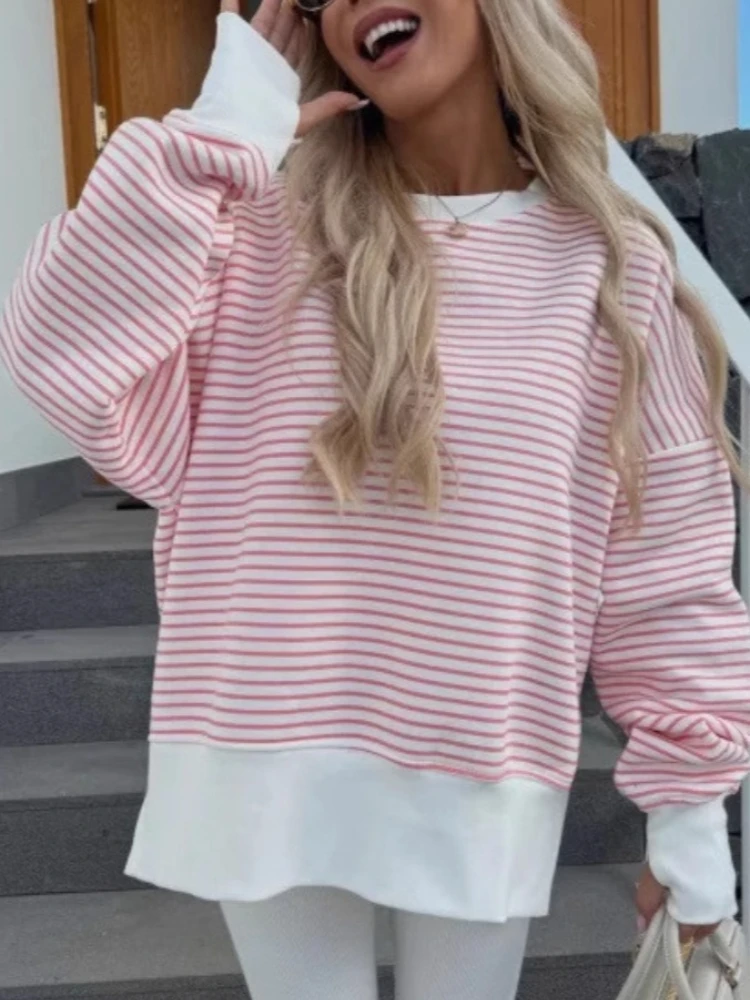 New in Fashion Stripe Spliced Long Sleeve Sweatshirts Elegant O-neck Loose Commute Sport Tops Fall Casual Women Simple Pullovers