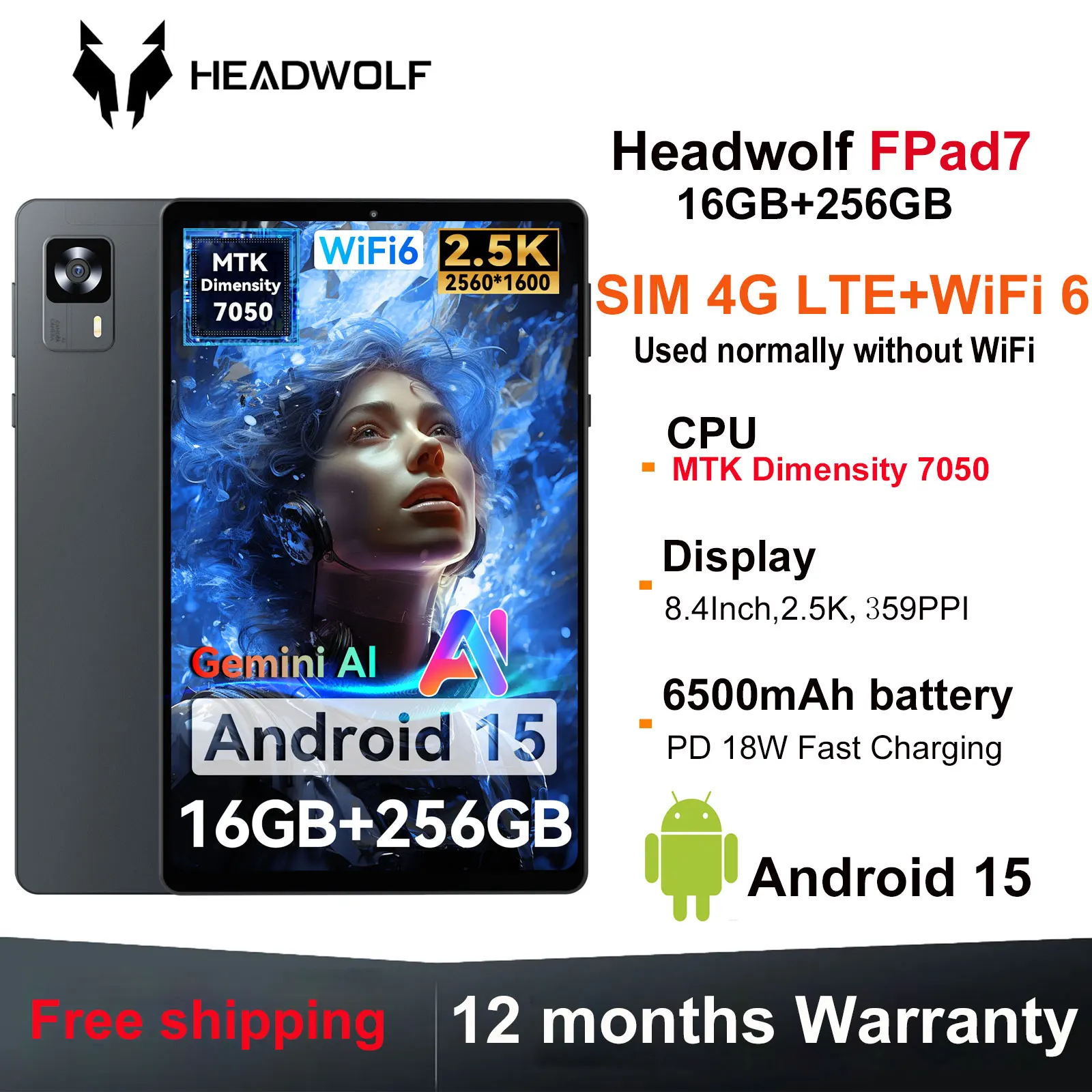 Headwolf FPad7 Android 14 Tablet 8 inch, MTK Dimensity 7050 CPU, 2560x1600 IPS, 16GB (LPDDR5), 256GB (UFS 3.1), 6500mAh batterij, 4G LTE Tablet