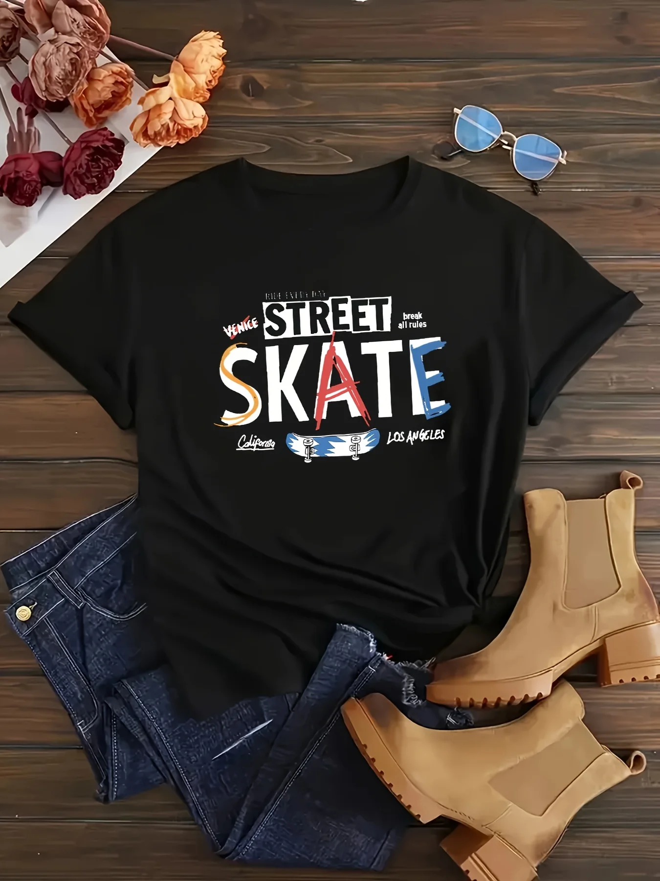 Skate Letter Print T-Shirt, Fashion Casual Crew Neck Short Sleeve Sport T-Shirt, Casual Daily Tops