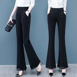 Spring Autumn Commute Elastic High Waist Solid Color Flare Pants Fashion Women's Clothing Korean Lace Spliced Casual Trousers