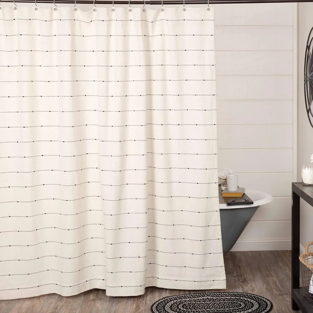 

Farmcloth Stripe Shower Curtain Urban Rustic Farmhouse Style, Natural Cream Woven with Black Stripes, Shower Curtains
