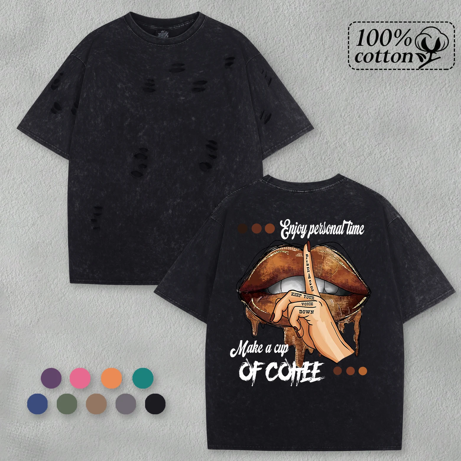 

Enjoy Personal Time Make A Cup Of Coffee Lip Men Holes T-Shirts Hip Hop Summer Tee Casual Soft Top Loose Cotton Washed Tops