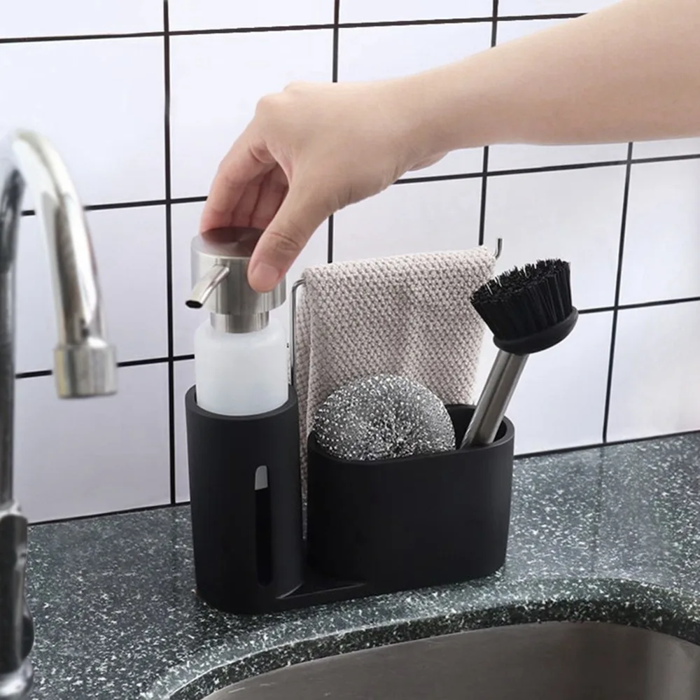 Resin + Stainless Steel 304 Soap Dispenser Easy To Press 250ml Sponge Holder Matte Black Kitchen Organizer Hand Soap Storage