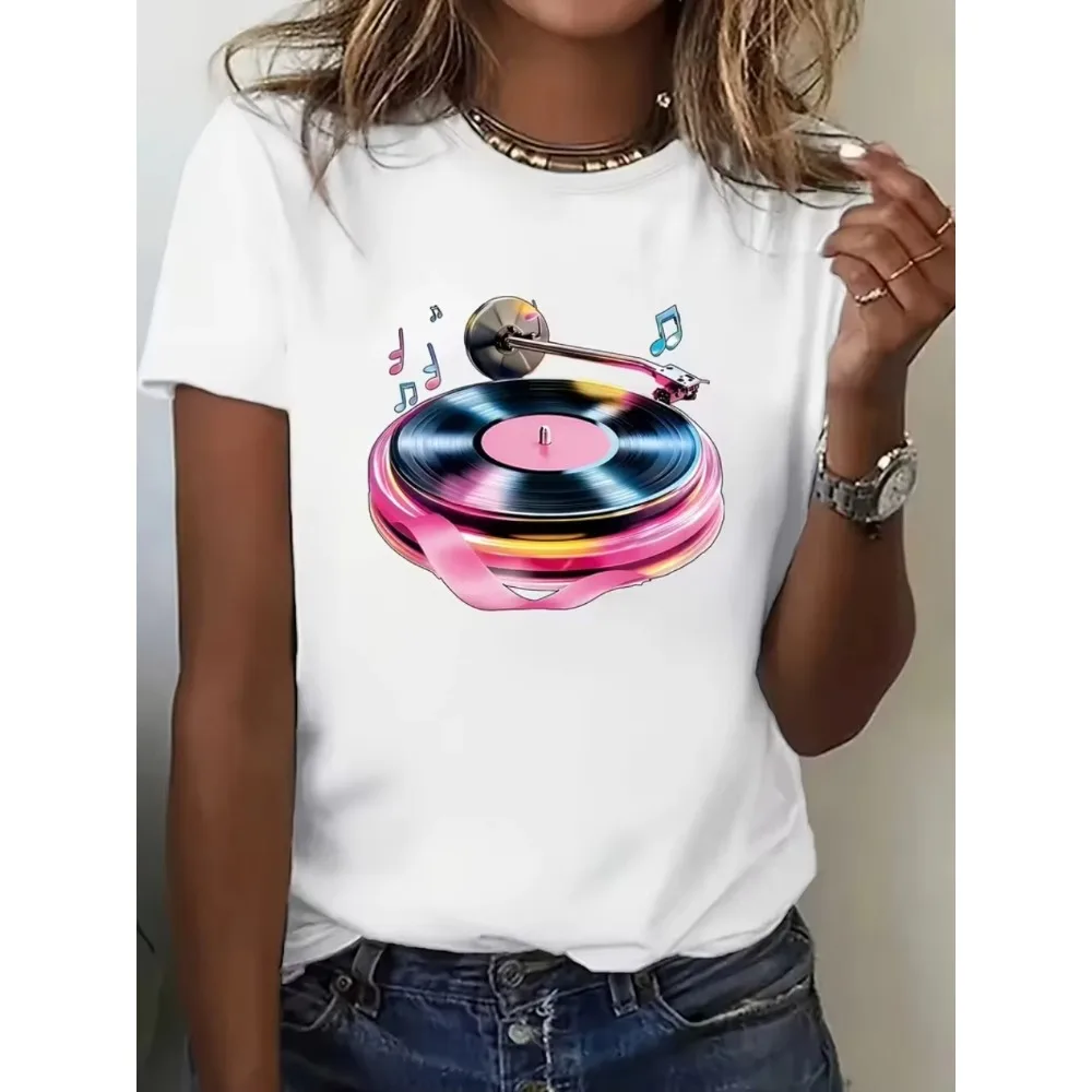 Vibrant Neon Retro Vinyl Record Player Print Cotton T-Shirt Oversized Casual All Match Short Sleeve Top for Men and Women Black