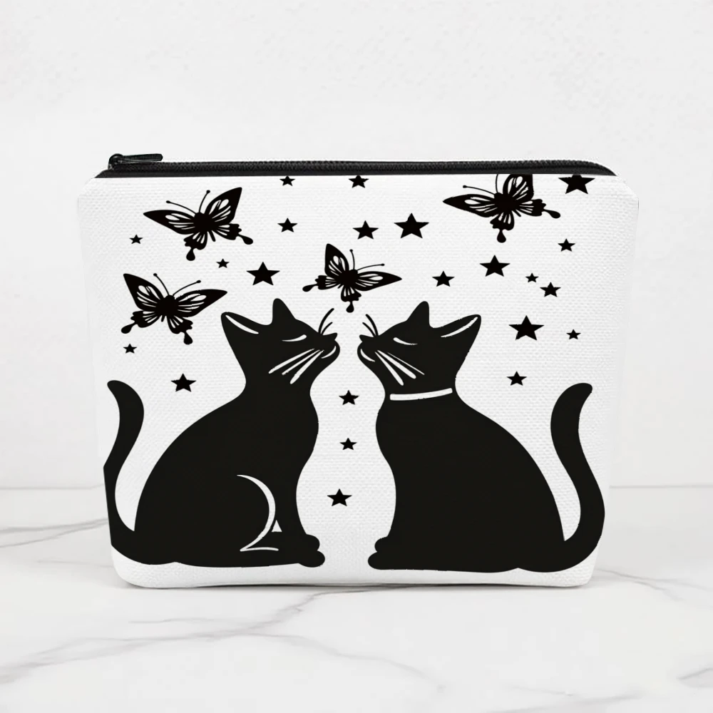Cats Butterflies Stars Silhouettes Pattern Makeup Bags for Girls Cosmetic Pouch Toiletry Bag Pencil Case Travel Storage