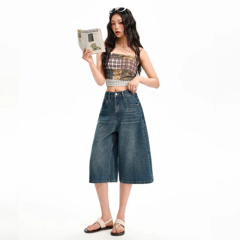 2026 Summer Thin Dark Blue Women High Waist Loose Straight Capri Jeans Slimming Versatile Casual Seven Length Denim Cropped Pant