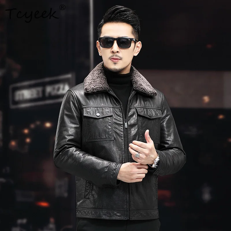 

Tcyeek Мужская куртка из натуральной яловой кожи, осенне-зимняя одежда, мужские пальто со съемным воротником из овечьей шерсти, шикарная куртка Мужская