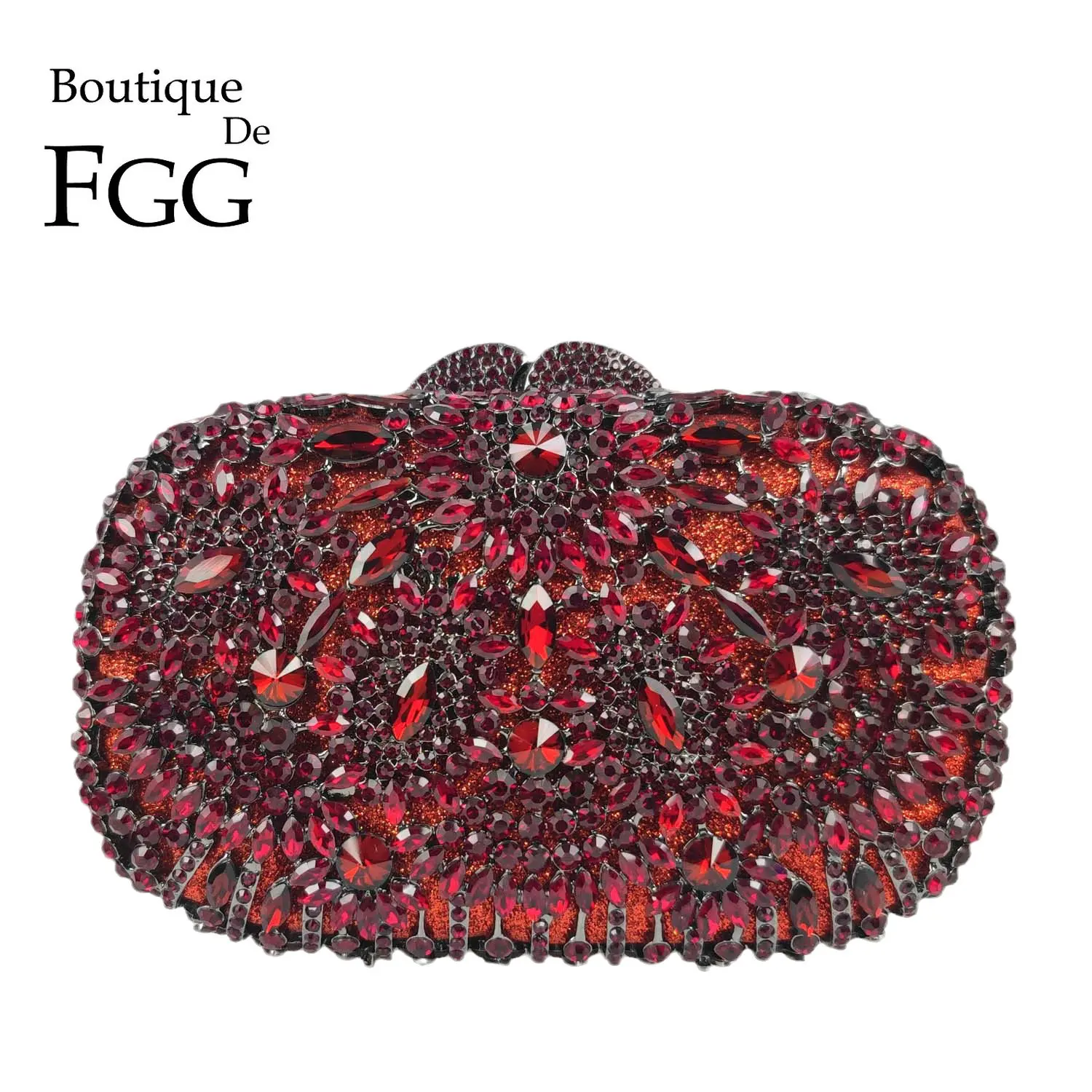 

Boutique De FGG Women Red Evening Bags Luxury Crystal Flower Clutch Handbags Bridal Wedding Rhinestone Minaudiere Bags