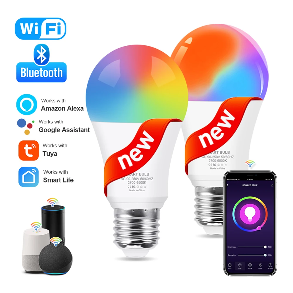 E27 inteligentna dioda LED Bluetooth 4.0 WiFi Tuya kontrola aplikacji ściemniania 15W RGB + CW + WW żarówka do domu sypialnia Hotel Bar Party Decor — 2