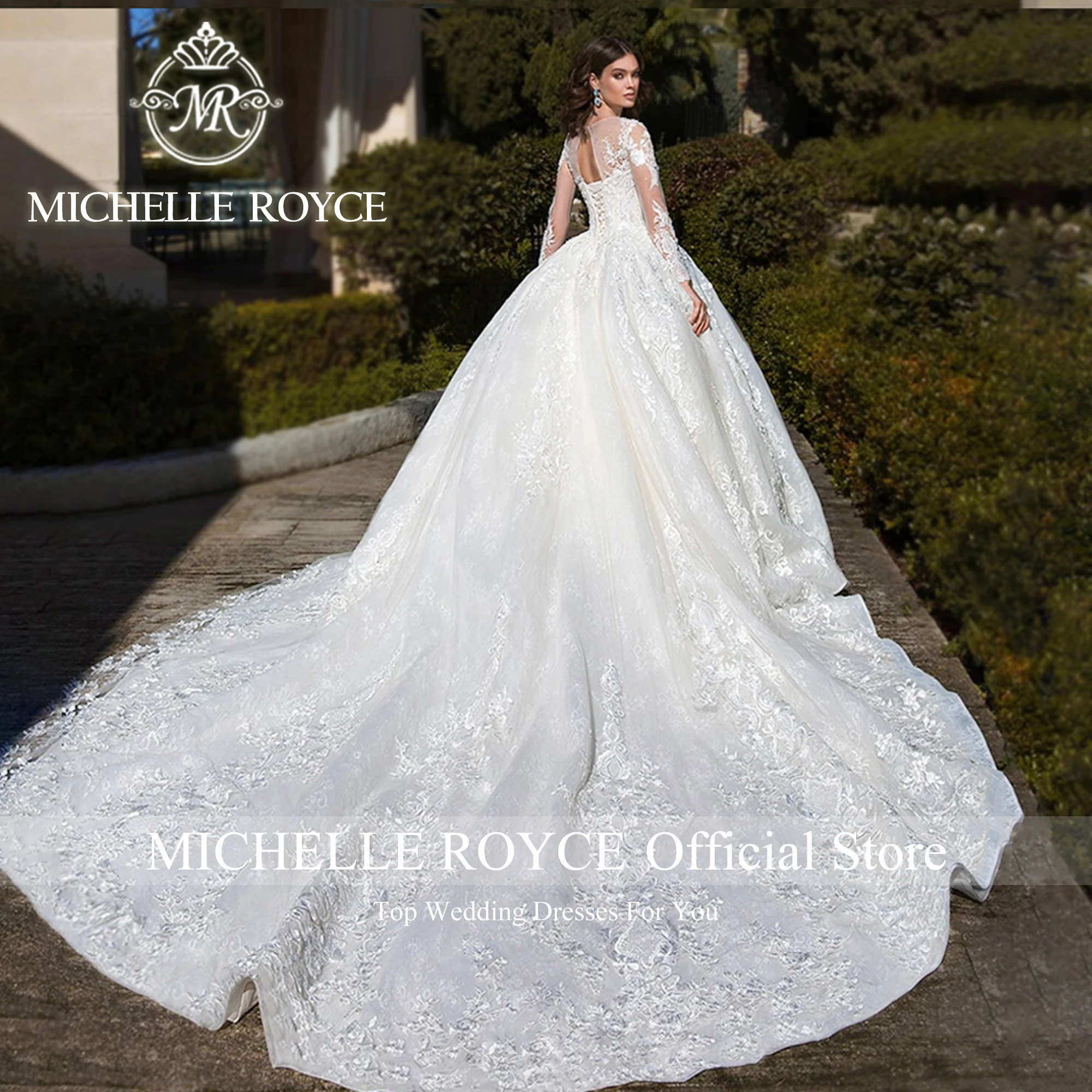 Michelle Royce Luxury Ball Gown Wedding Dresses For Women 2024 Long Sleeve Appliques Scoop Wedding Gown Vestidos De Novia