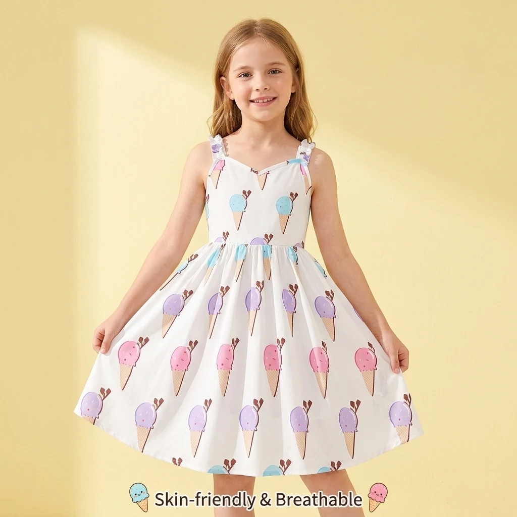 Girls Summer 7-14 Years Old Spaghetti Strap Smocked Ice Cream Cone Print Dress for Daily School Beach Casual Kids Lovely