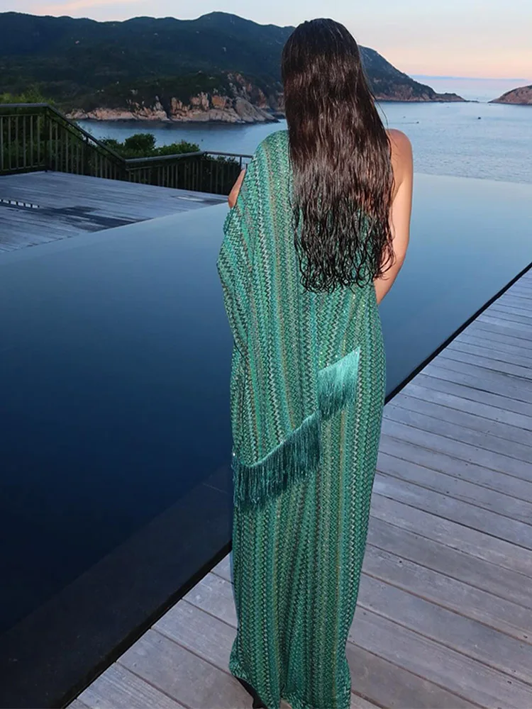 Boho Tassel Striped Women's Long Dress One-shoulder Scarf Collar Asymmetrical Robe 2025 Summer Fringed Integrated Loose Dresses