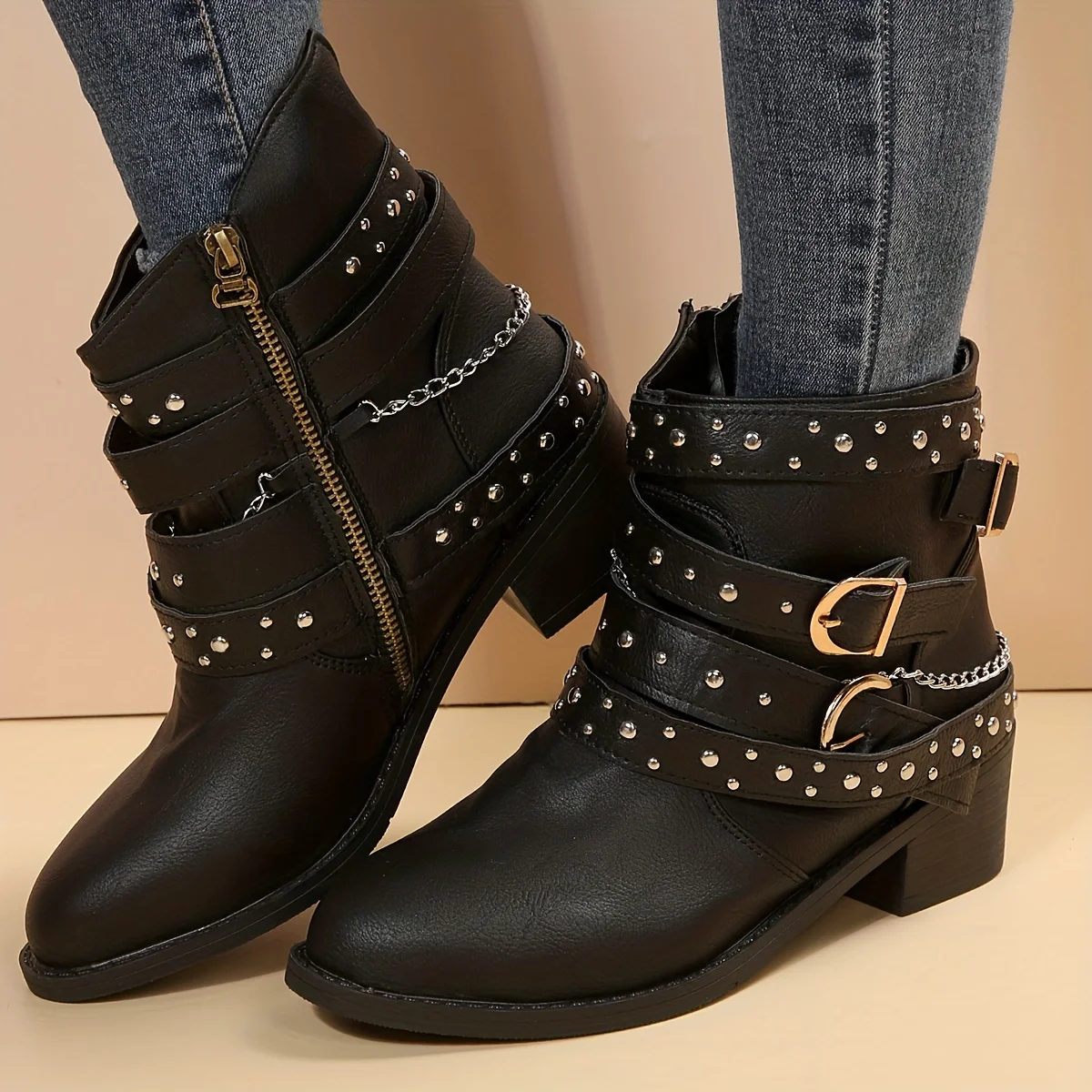 Women Studded Chain Decor Ankle Boots Rock Style Chunky Low Heeled Booties Side Zipper Short Boots