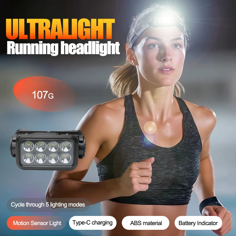 Type C Rechargeable Headlamp Motion Sensor Battery Indicator 5 Lighting Modes Hands Free Headlight  Running Cycling Fishing