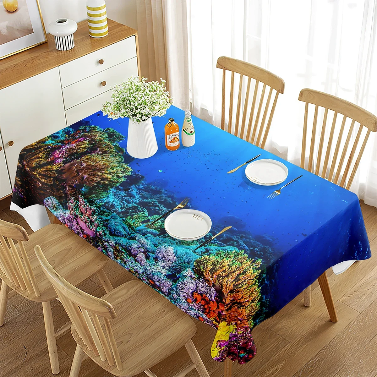 

Underwater World Tablecloths Ocean Animal Fish Turtle Coral Print Table Cover Sealife Table Cloth for Dining Kitchen Home Decor