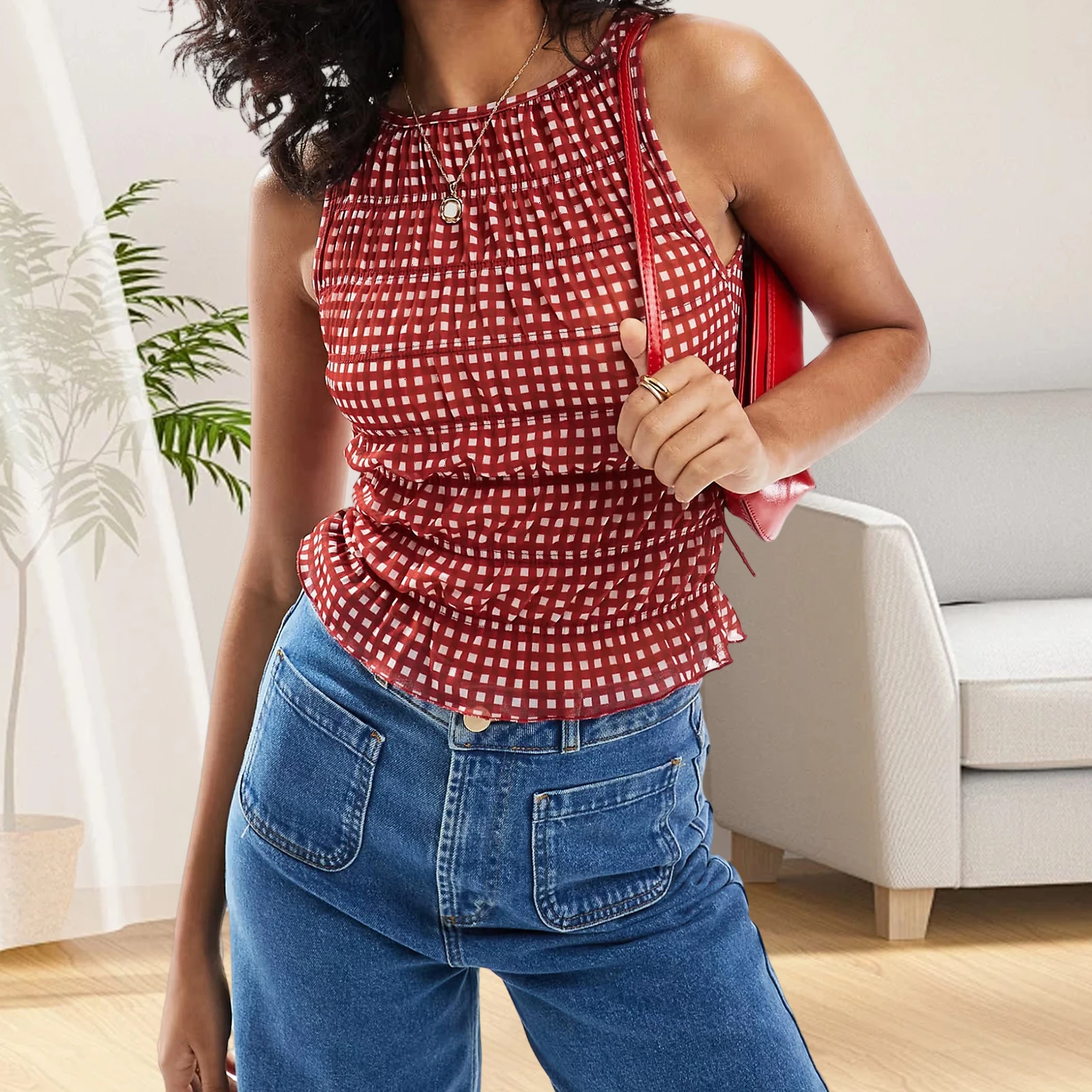 Women’s Smocked Tank Tops Sleeveless Crew Neckline Slim Fit Tops Summer Mesh Shirts
