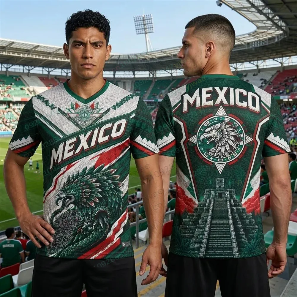 Mexico Eagle Warrior Jersey V-neck Soccer Jersey Mexican Pride Football Tee Aztec Graphic Sports Top Mens T-shirt Beach T-shirt